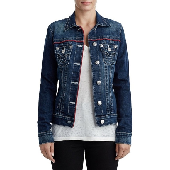 True Religion PIPED TRUCKER DENIM JACKET in Night Lights - Picture 2 of 12